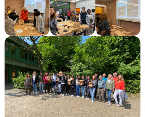 Schülerinnen und Schüler der Gesamtschule Haan und des College Jacquues Prevert basteln gemeinsam Nistkästen